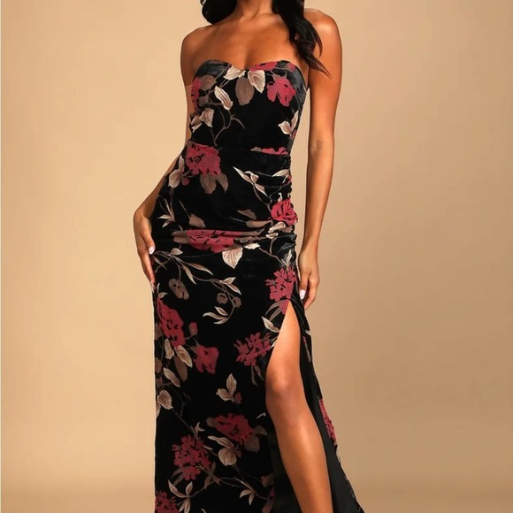 Lulus Dresses & Skirts - Lulus Exquisite Black Floral Burnout Velvet Strapless Maxi Dress